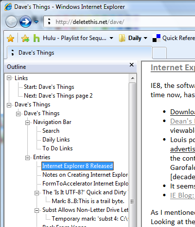 IE Outline View appears as an Explorer Bar view on the left side of IE.